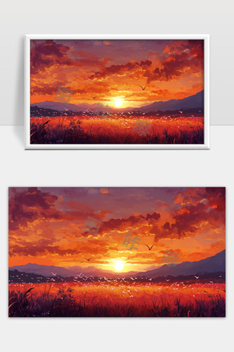 夕阳映照秋日田野宁静美丽景色