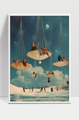 梦幻天空中的悬浮游乐场与奇幻人物场景