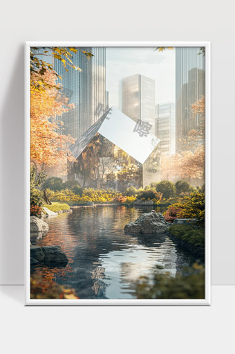 现代城市中秋季公园与镜面建筑完美融合景观