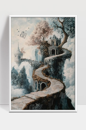 梦幻云端仙境蜿蜒石阶通往神秘古堡