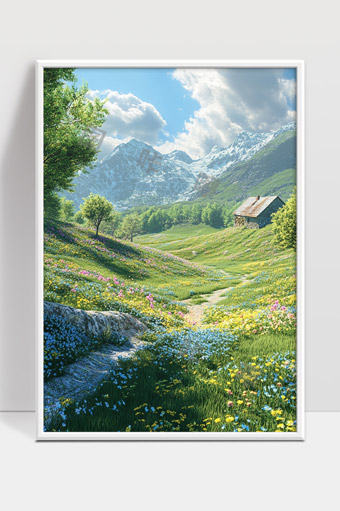 雪山下春天花海田园风光宁静美丽自然景色