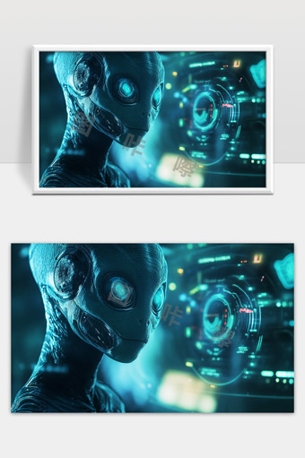 未来科技感外星智能生命体与数据交互场景