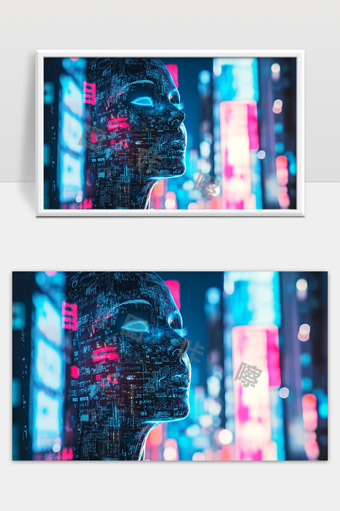 未来科技感数字人脸虚拟现实人工智能城市夜景