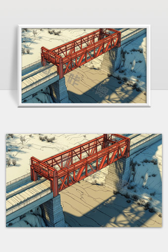 红色钢结构桥梁跨越干涸河床的建筑设计