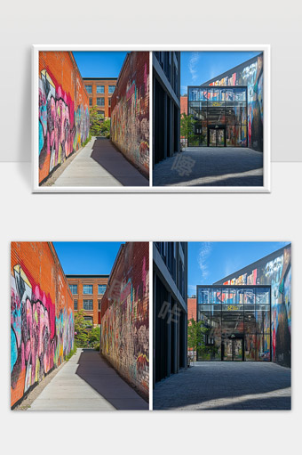 城市涂鸦街巷与现代玻璃建筑艺术融合景观