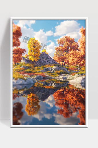 秋日山水风景湖边金黄红叶倒映自然美景