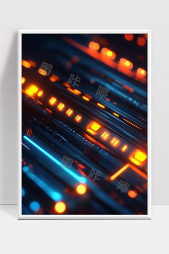 未来科技感蓝橙色光线电路板特写图像
