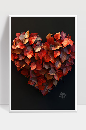 红色秋叶组成心形图案唯美浪漫意境