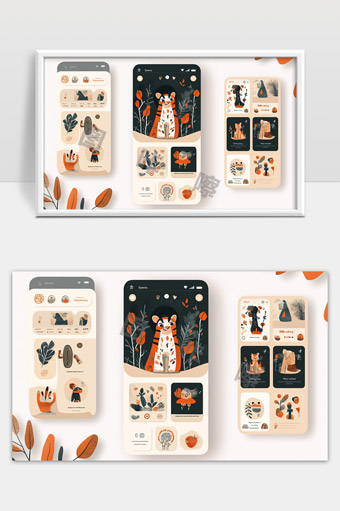 简约卡通动物主题手机界面设计插画