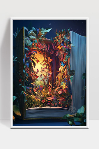 魔幻书籍中绽放的梦幻森林与飞舞蝴蝶之景