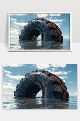 巨型废旧轮胎半浸水中体现工业与自然对比