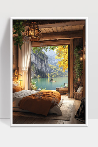 秋日湖畔木屋卧室温馨自然景色舒适宁静