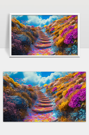 梦幻色彩花海中的石阶通向蓝天的美丽景象