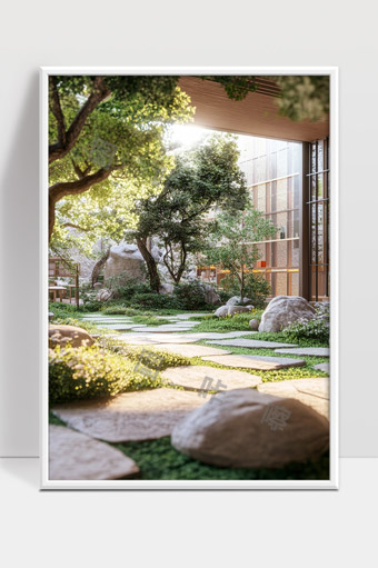 阳光下的现代日式庭院景观设计与自然融合