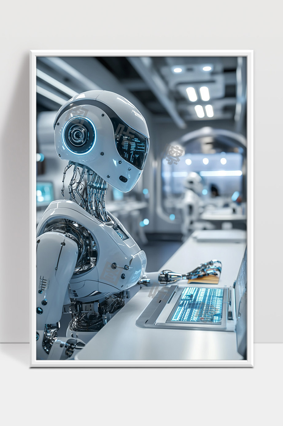 未来智能机器人在高科技实验室操作电脑场景