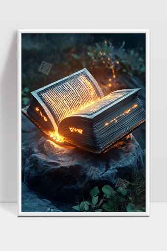 魔法古书发光悬浮在神秘森林中的奇幻场景