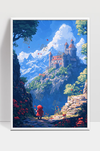 童话世界中的古堡与红衣小孩梦幻风景