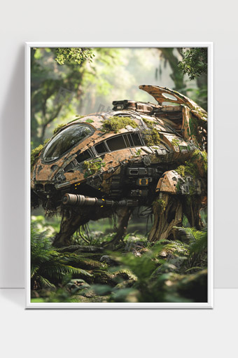 未来科技与自然融合的荒废机械生物