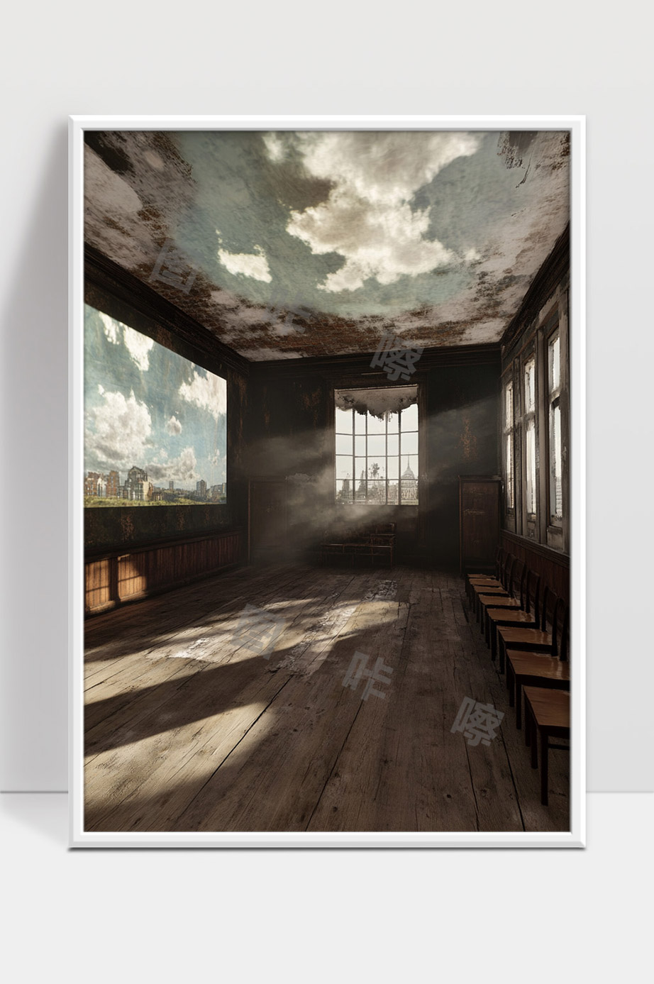 破旧房间内斑驳天花板与窗外蓝天白云景象