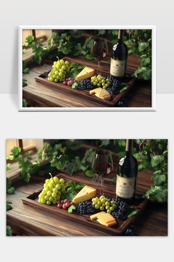 红酒芝士葡萄桌面静物美食摆设
