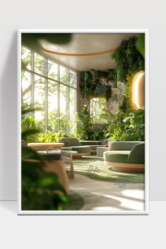现代室内绿色植物环绕的自然休闲空间设计