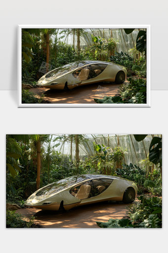 未来概念汽车穿梭绿色植物温室生态环境