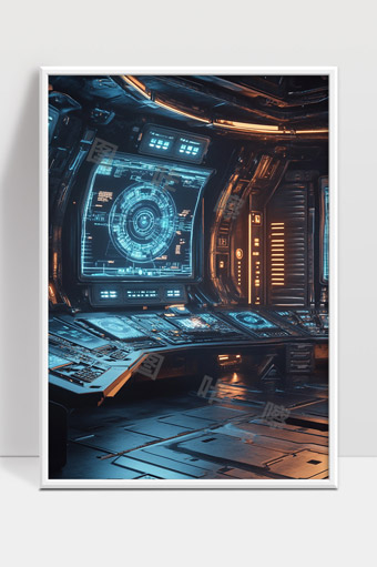 未来科幻宇宙飞船控制室高科技操作界面