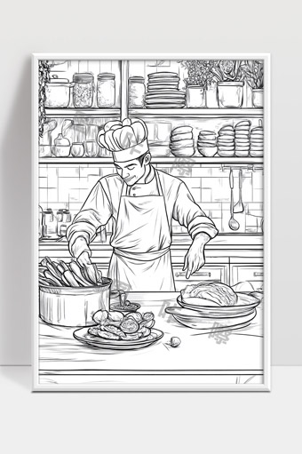 厨师专注烹饪厨房美食制作忙碌场景素描