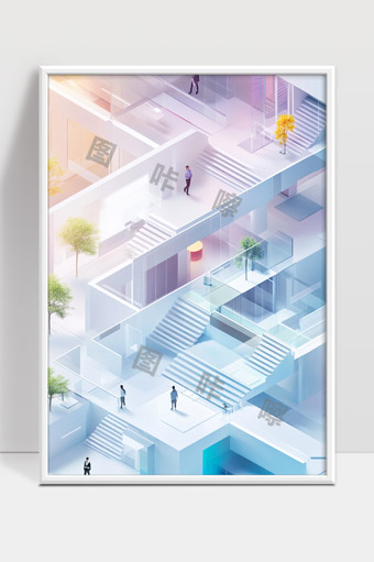 现代简约风格城市建筑与多层楼梯透视图