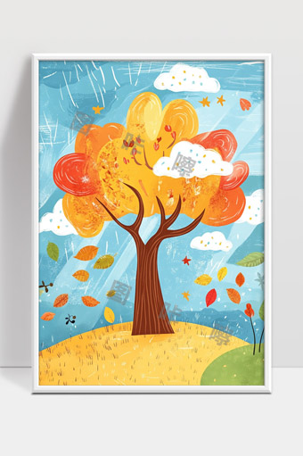 秋天季节变换中彩色树叶飘落风景画