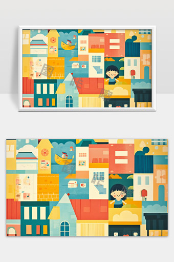 多彩卡通城市建筑与快乐小孩温馨插画