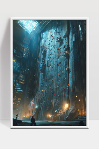 未来都市高楼室内巨型攀岩墙夜景场景