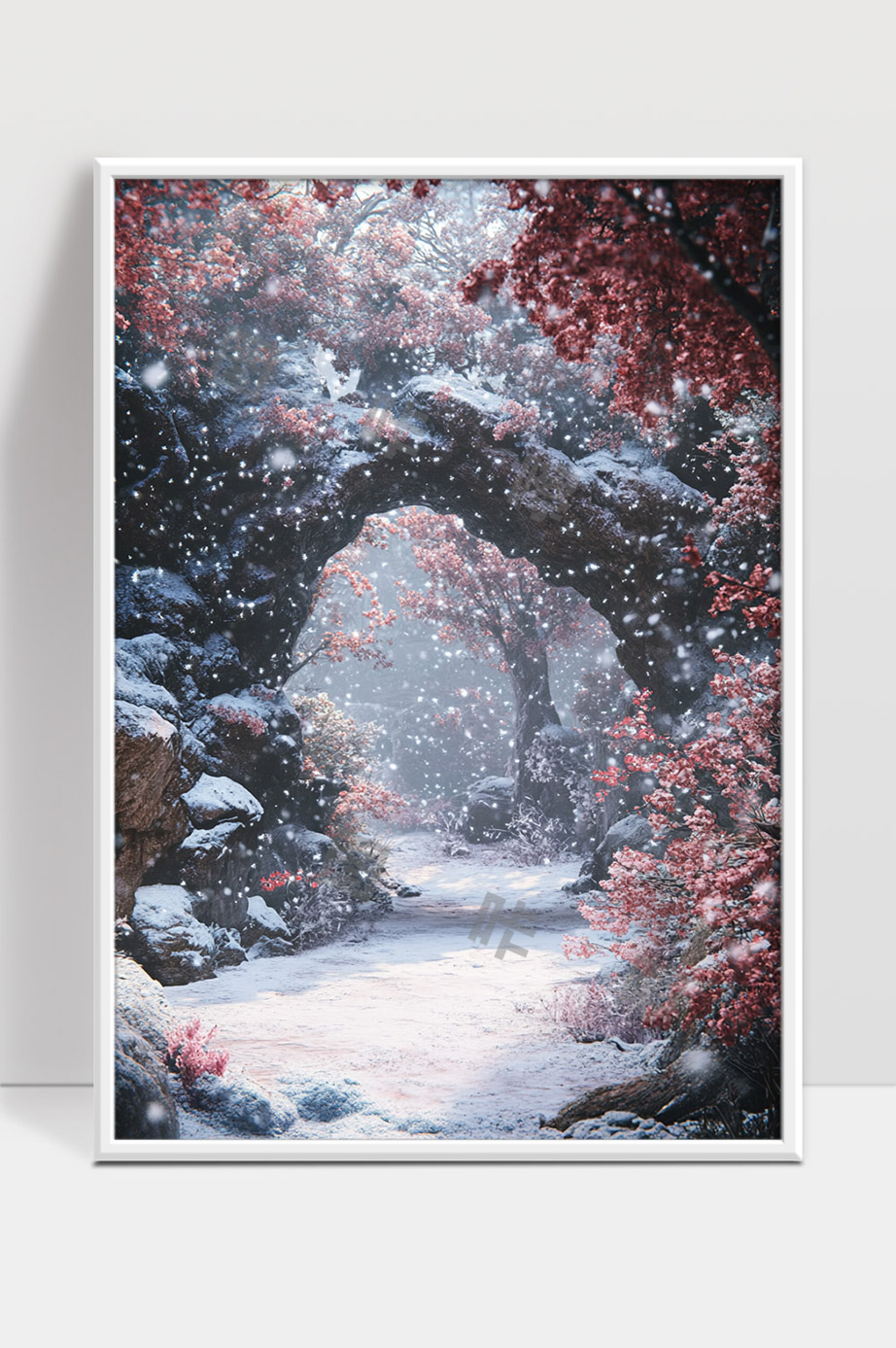 雪中红叶古树石桥梦幻冬日森林小径