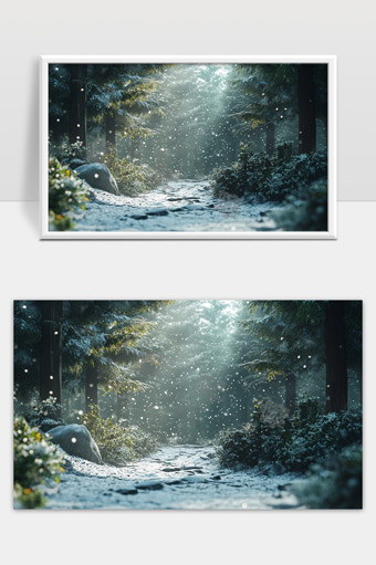 静谧冬日森林雪景阳光洒落树间小径
