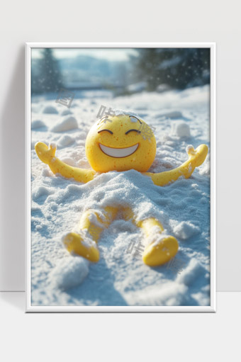 雪地里快乐的笑脸表情玩偶享受冬日阳光
