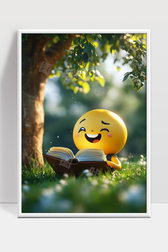 阳光下开心读书的黄色表情符号卡通形象