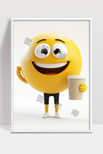 快乐微笑抱咖啡杯的可爱表情符号卡通人物