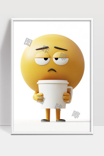 疲惫困倦表情卡通人物手捧咖啡杯