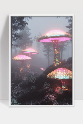 神秘森林中梦幻发光蘑菇奇异夜景