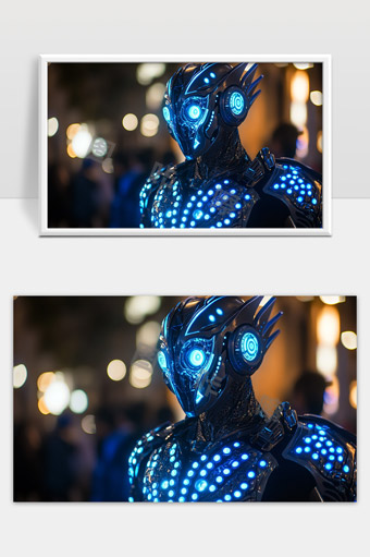 未来科幻机械战士闪耀蓝色光芒夜晚城市背景