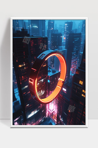 未来城市夜景中悬浮发光圆环建筑奇观