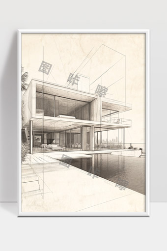 现代极简风格别墅建筑设计透视效果手绘图