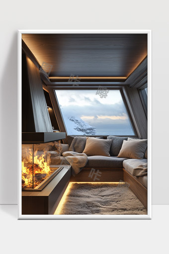 极简现代客厅温馨壁炉雪山窗外美景设计