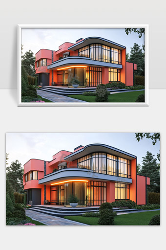 现代橙色别墅建筑设计与绿色庭院景观融合