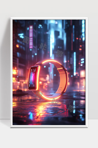 未来科技感夜景中悬浮发光智能手环展示