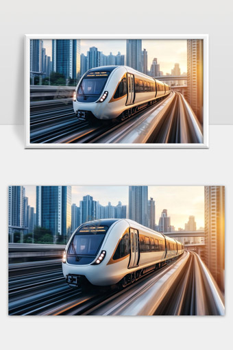 现代城市轨道交通高速列车穿越都市天际线