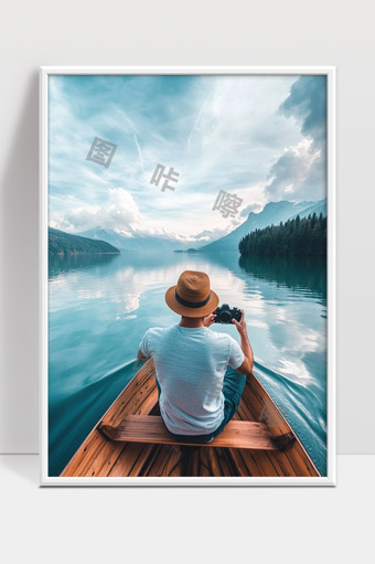 宁静湖面上的摄影者享受自然美景与山水融合