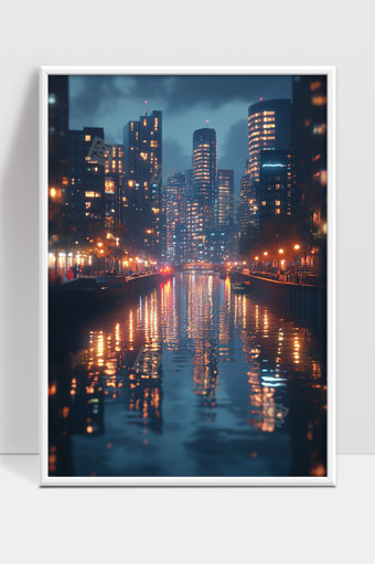 现代都市夜晚灯光映照城市水面景观