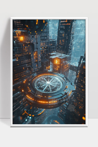 未来科技城市中悬浮罗盘导航系统的夜景展示