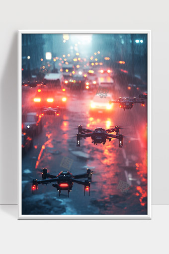 雨夜城市无人机巡航智能交通监控未来科技